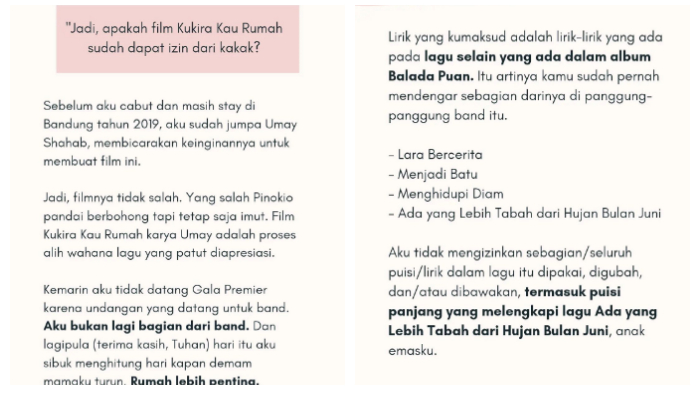 Kronologi konflik Aya Canina, penulis lagu Kukira Kau Rumah. (Instagram Story/ayacanina)