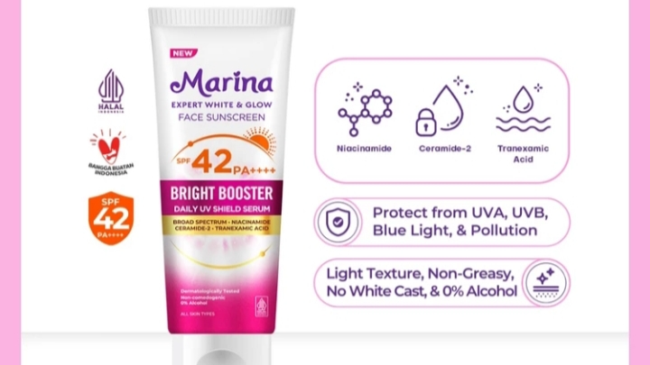 Marina Expert White & Glow Face Sunscreen Bright Booster SPF 42 PA++++ (Shopee/Marina Official Shop)