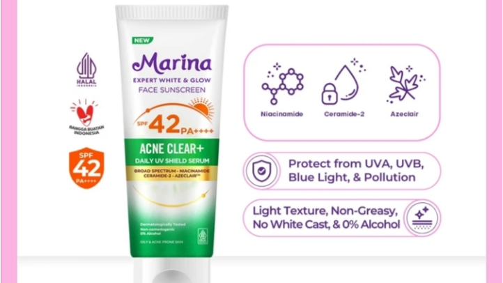 Marina Expert White & Glow Face Sunscreen Acne Clear+ SPF 42 PA++++ (Shopee/Marina Official Shop)