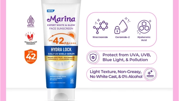 Marina Expert White & Glow Face Sunscreen Hydra Lock SPF 42 PA++++ (Shopee/Marina Official Shop)